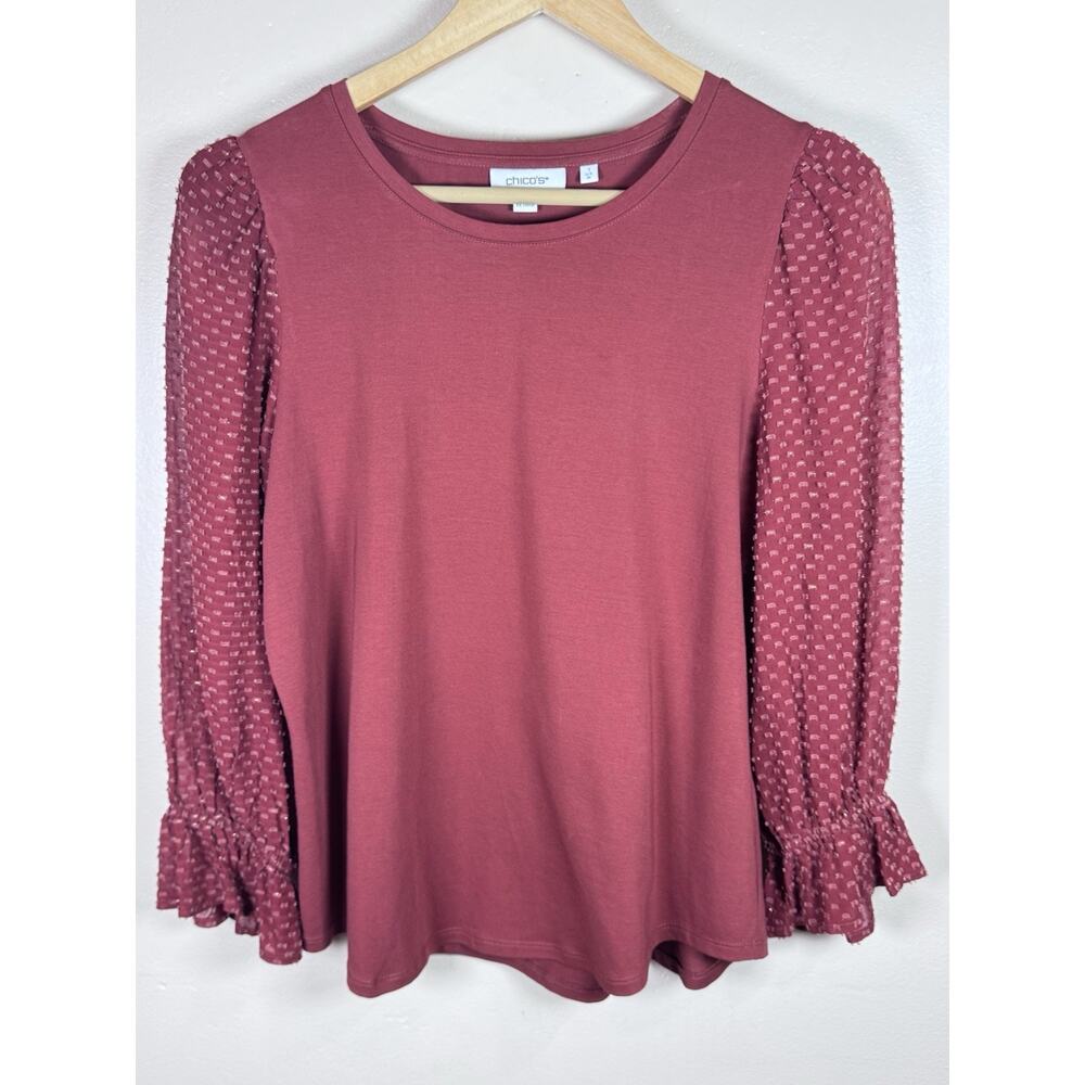 Chicos Blouse Top Women Size M Orange Textured Puff Sleeve Casual Modest Office
